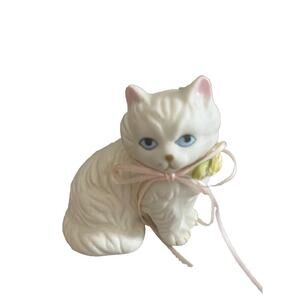 Enesco Ceramic White Cat Vintage 1990 Flowers Angora Persian Figurine Statue